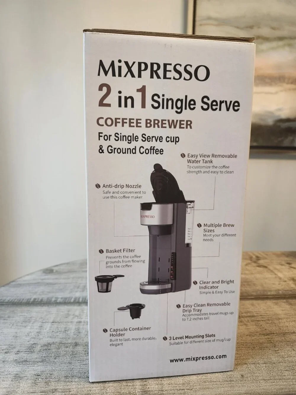 Mixpresso Coffee Brewer Single Serve 30 oz. Water Tank BLACK AND SILVER